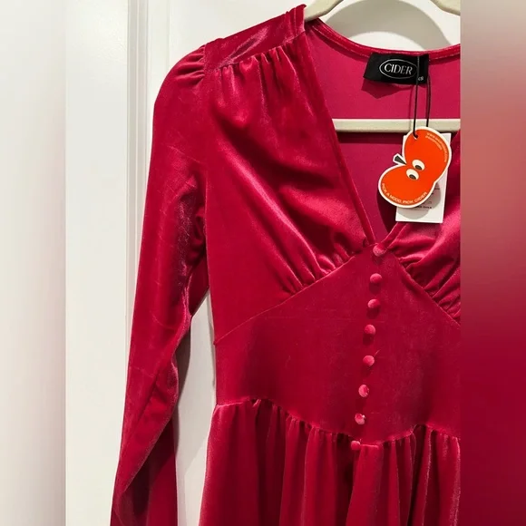 Cider Velvet V-Neck Mini Dress Long Sleeve Pink Size XS - Picture 7 of 11